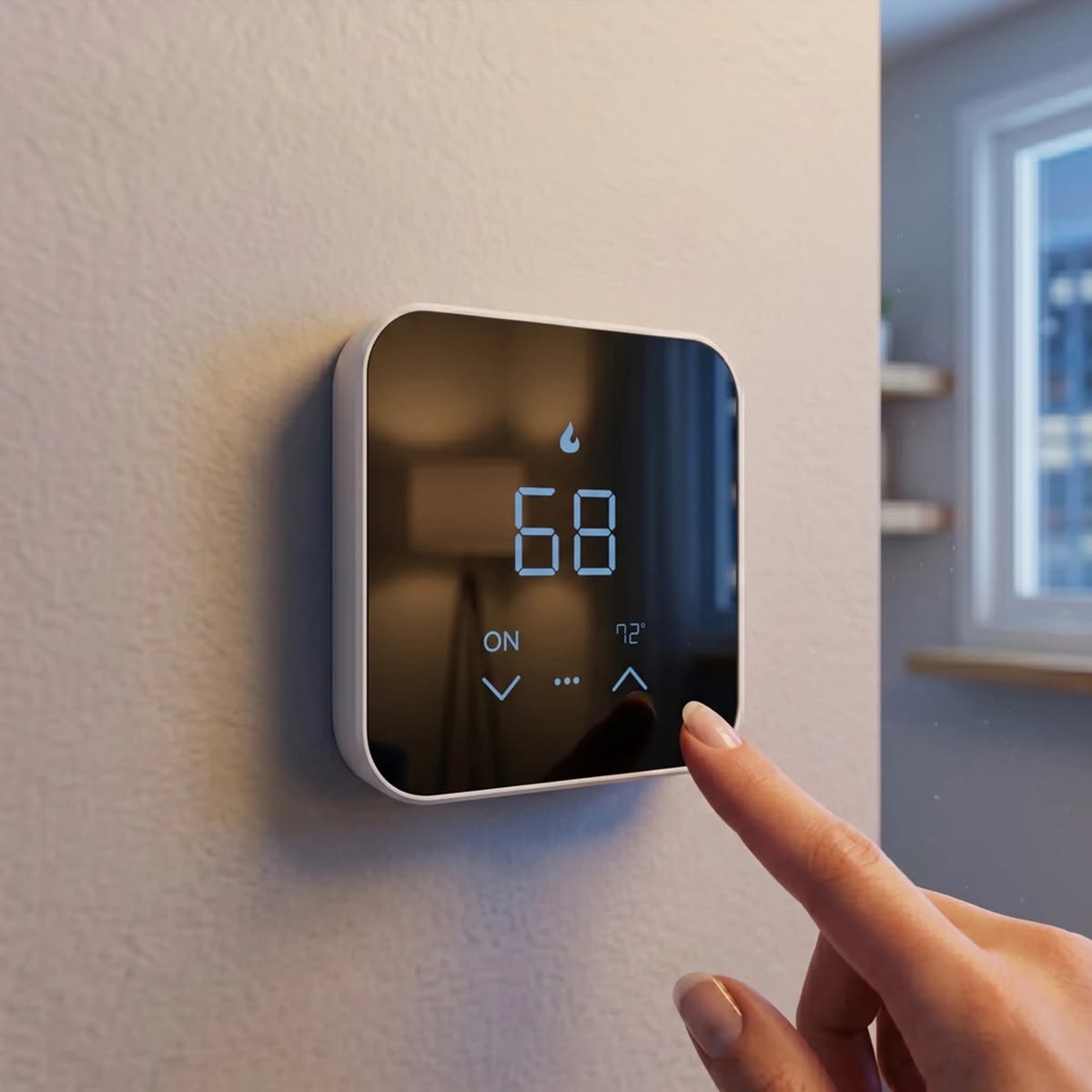 A person adjusting a wall-mounted digital temperature controller